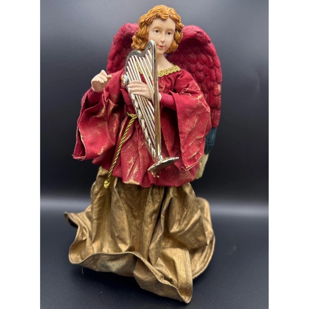 Christmas Angel Tree Topper Red Gold Robe Playing Harp 12 Inch Figurine Holiday